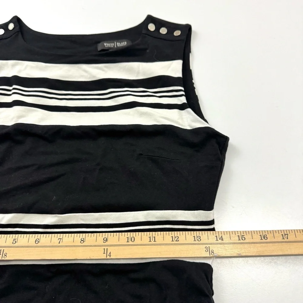 White House Black Market S Black White Stripe Ruched Sheath Dress Key Hole Back